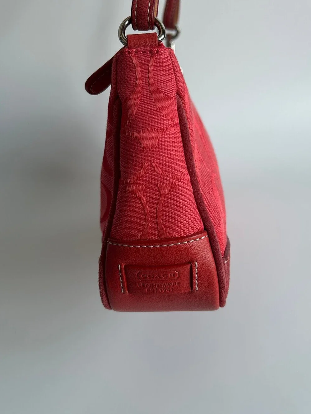 Coach Signature Jacquard Mini Demi Pouch Shoulder Bag Red Canvas Suede Trim 6094